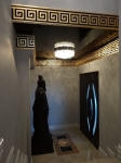 Plaster Cornice, Gold painted Cornice, Black Gloss Paint, Entrance Foyer, Crystal Lightshade, Creative Colours Mosman Park