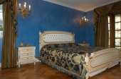 Blue Colourwash Paint Finish, French Style Bedroom, French Bedroom Furniture, Gold Candelabra, Gold Curtain, Gold Paint